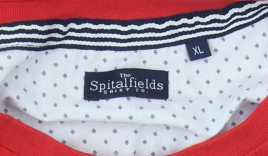 Brand and care label for The Spitalfields Red Cotton unisex xl t-shirt crew neck
