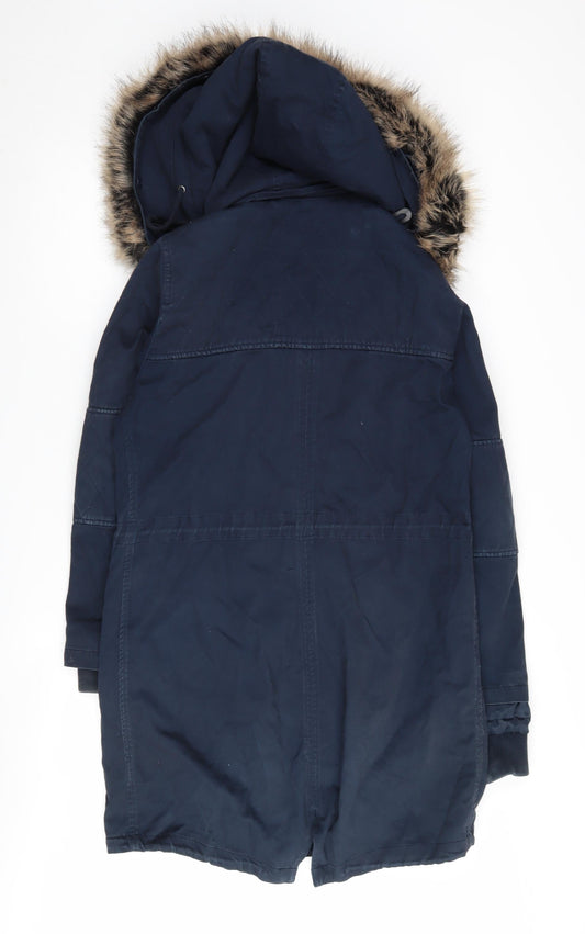 hush Women's Blue Parka Size 6, Fur Trim, Hooded, Lined