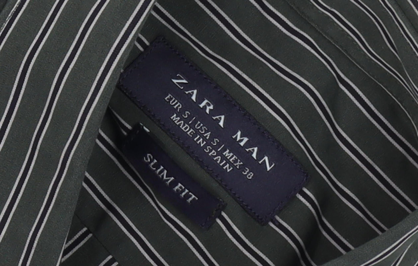 Zara Men Slim Fit Green Striped Long Sleeve Shirt - S