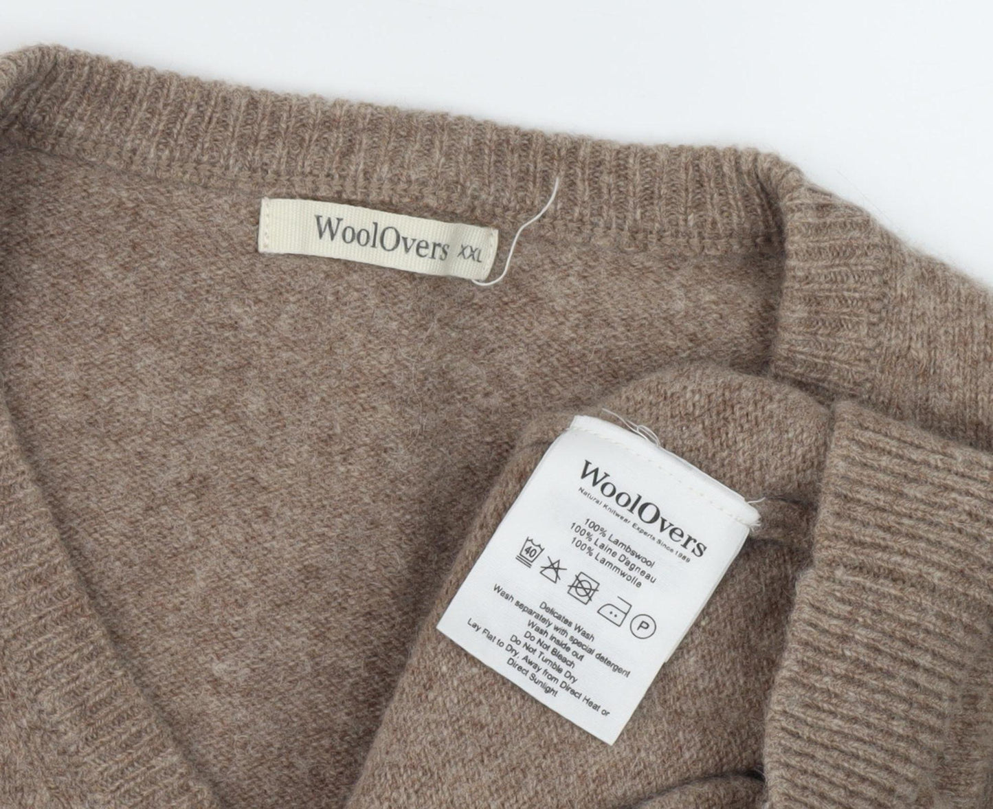 WoolOvers Men's Beige 2XL Lambswool V-Neck Pullover Jumper