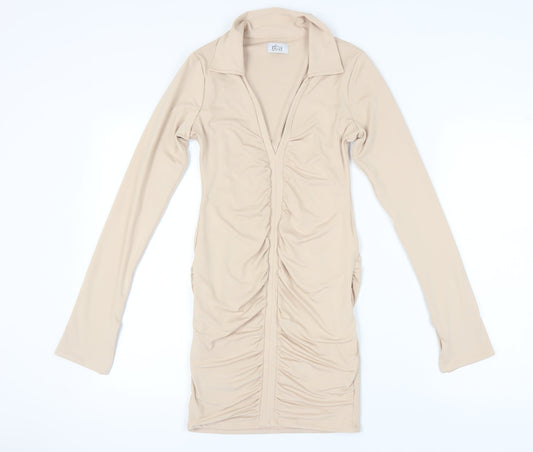 Additional front view of Oh Polly Beige Bodycon Party Dress, size 10