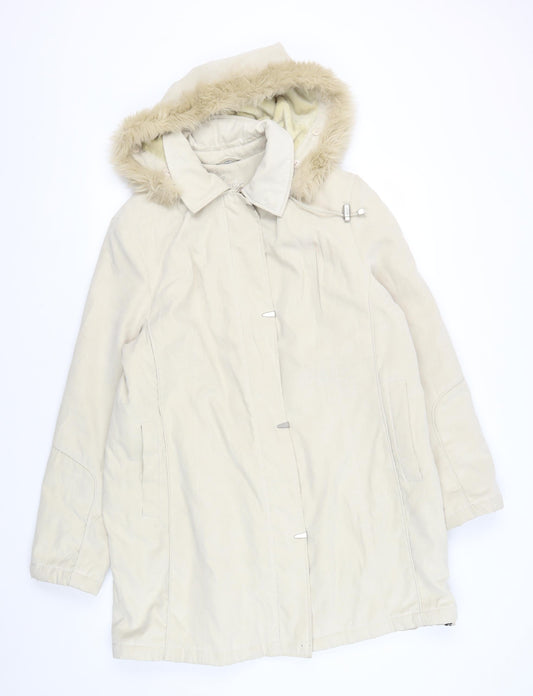 Klass Beige Fur Hooded Women's Long Coat Size M