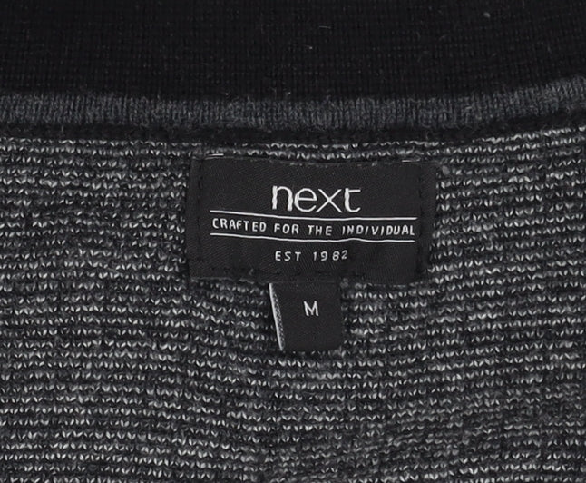 Next Men's Black Geometric Polo, Medium, Cotton, Long Sleeve