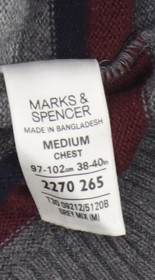 Marks & Spencer Men's Grey Striped V-Neck Jumper, M