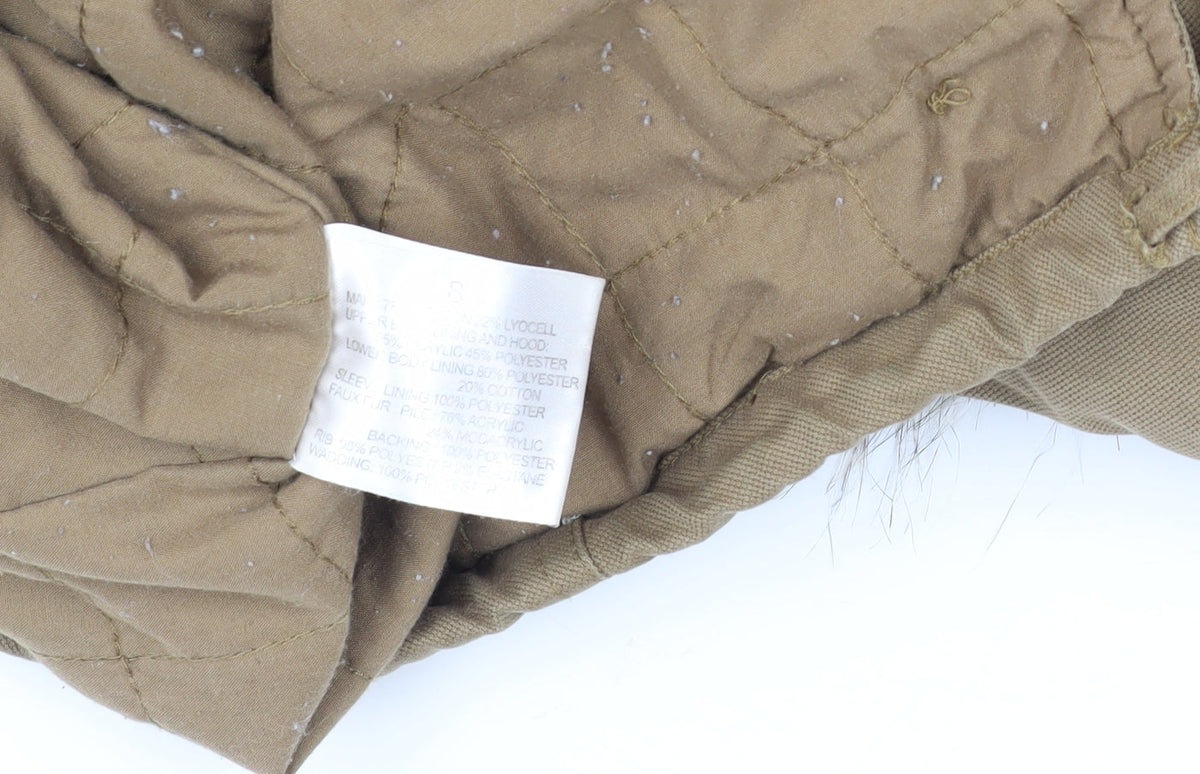Brand and care label for Linea Women's Brown Parka Jacket with Fur Trim, size 8