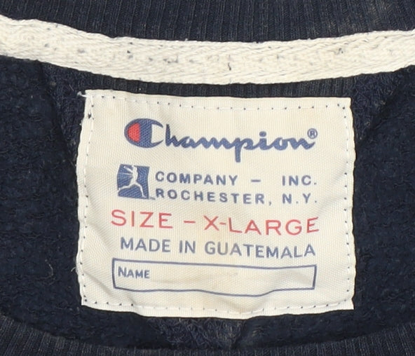 Close-up detail of Champion unisex blue pullover sweatshirt xl