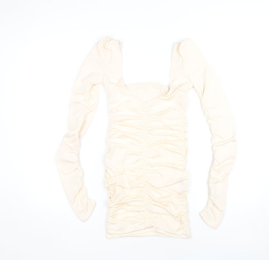 Oh Polly Women’s Ivory Ruched Long Sleeve Dress