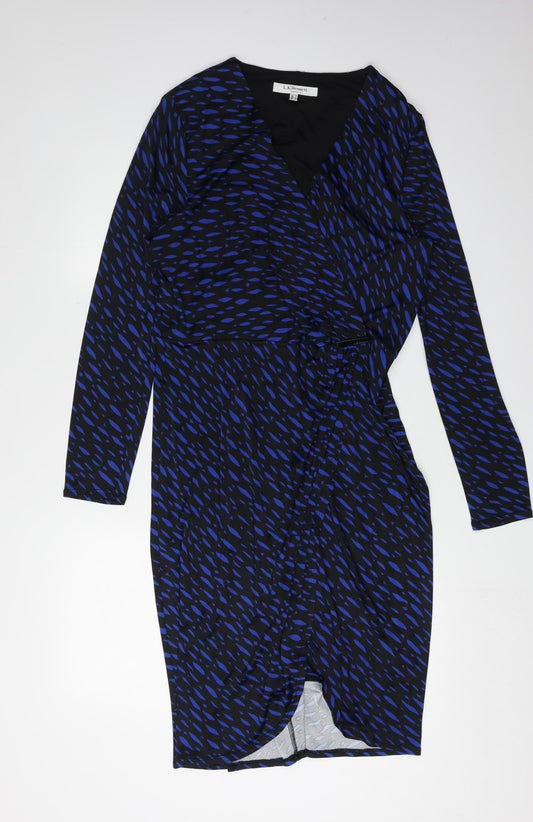 Additional front view of L.K. Bennett Women's Blue Black Wrap Dress, size 14