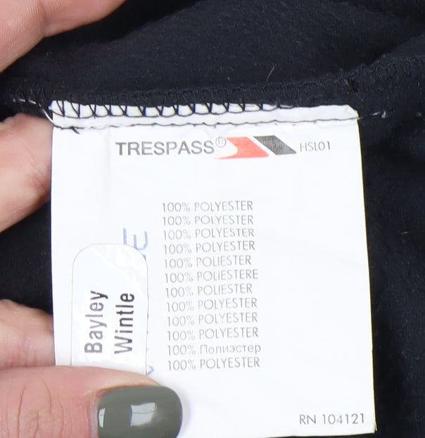 Brand and care label for Trespass boys’ black basic jacket, size 9-10, full zip
