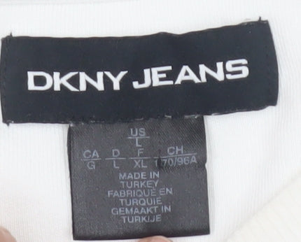 Brand and care label for DKNY JEANS unisex white sweatshirt l graphic print