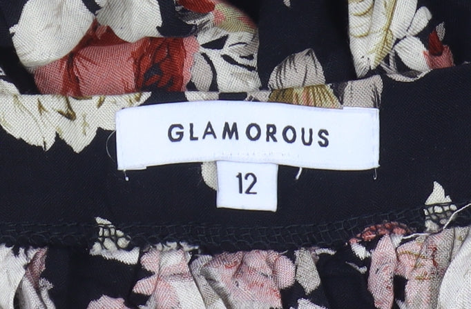 Glamorous Women's Black Floral A-Line Midi Skirt Size 12