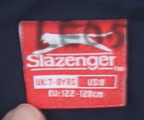 Brand and care label for Slazenger boys’ black track jacket, size 7-8, full zip