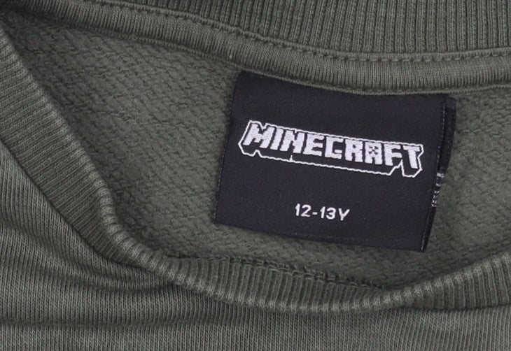 Brand and care label for George boys’ green minecraft pullover sweatshirt 12-13 years