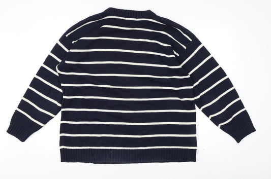 BHS Men's Blue L Striped Cotton Pullover Jumper