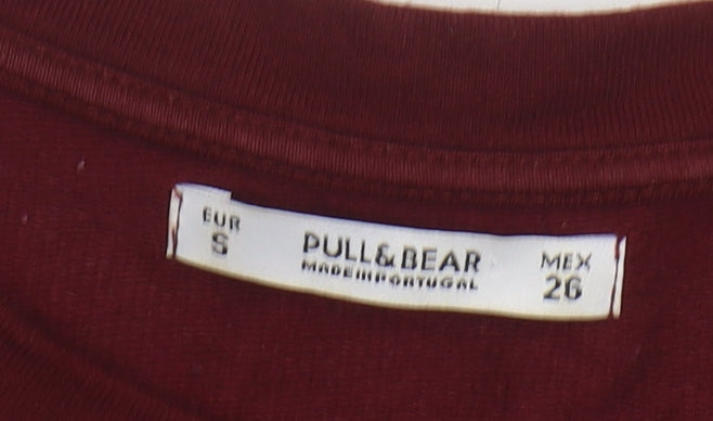 Pull&Bear Women's Red Crew Neck 3/4 Sleeve T-Shirt