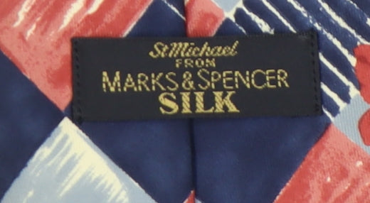 Marks and Spencer Men's Silk Tie Plaid Floral Red Blue