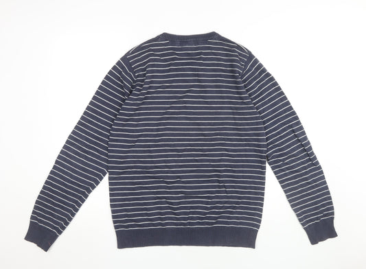 Jack & Jones Men's Blue Striped V-Neck Pullover, L