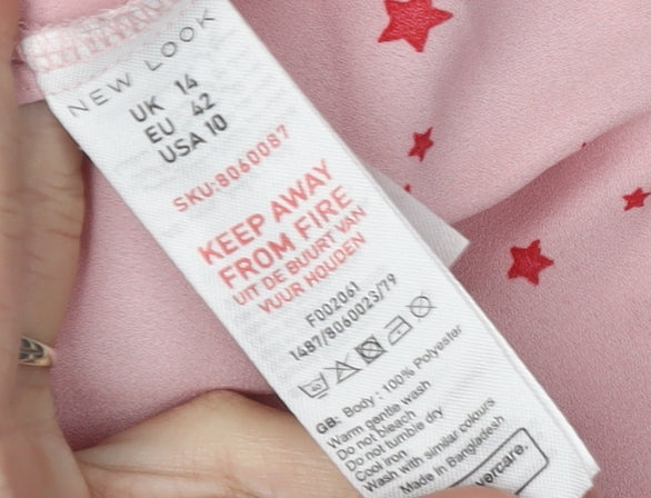 New Look Women's Pink Star Print Button-Up Blouse, Size 14