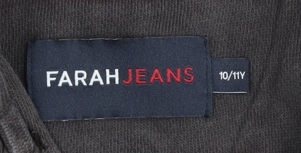 Brand and care label for Farah Jeans boys’ black pullover hoodie, size 10-11y