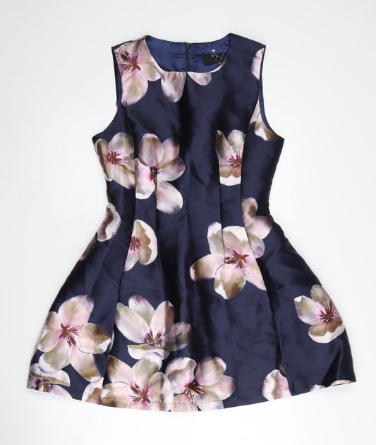 Additional front view of AX Paris Women's Blue Floral Fit & Flare Dress, size 10