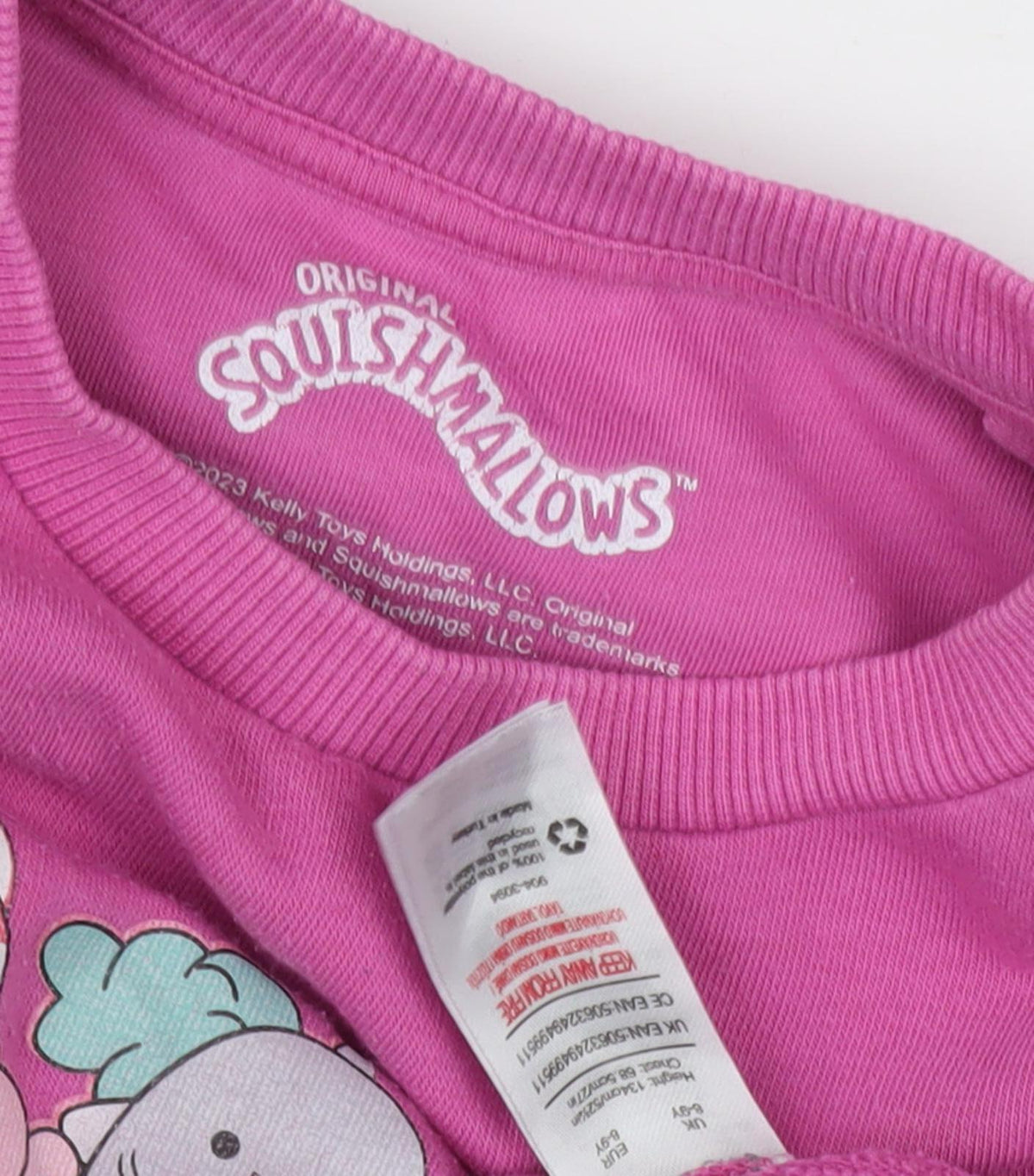 Close-up detail of Squishmallows girls’ pink cartoon pullover sweatshirt m