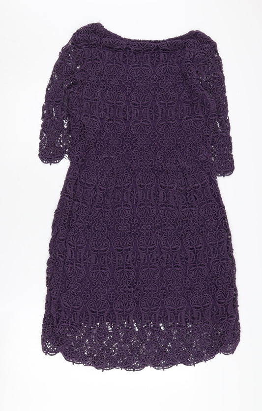Monsoon Women's Purple 3/4 Sleeve Crochet Shift Dress