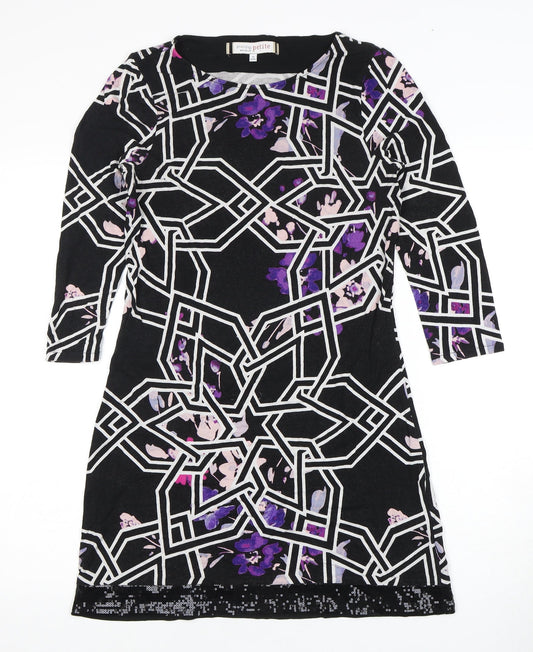Additional front view of Principles Petite Black Geometric Floral Shift Dress, size 10