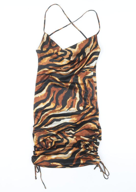 Additional front view of ASOS DESIGN Brown Slip Dress UK 8 - Animal Print