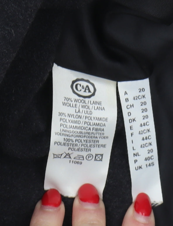 Close-up detail of C&A Women Black Wool Coat, size 14, Button Long