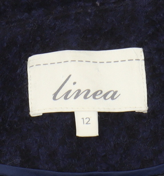 Brand and care label for Linea Women's Black Coat, size 12, Versatile Chic Design
