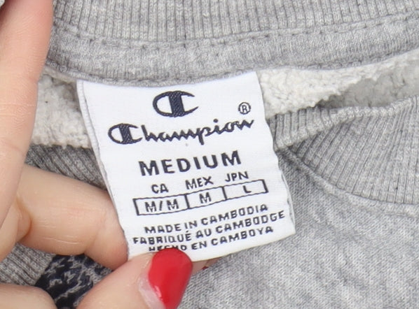 Close-up detail of Champion Grey unisex adults medium pullover sweatshirt
