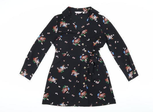 Additional front view of Miss Selfridge Women’s Black Floral Wrap Dress, size UK 10