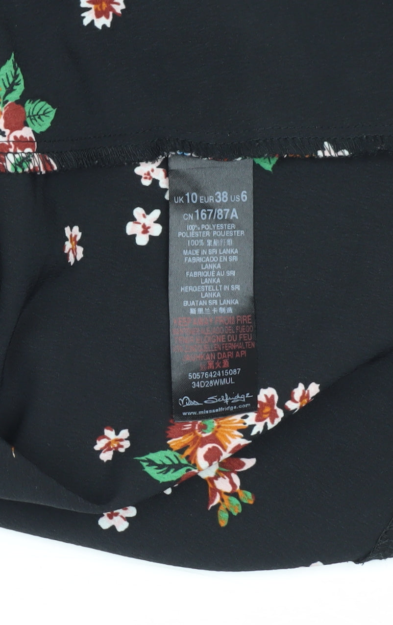 Brand and care label for Miss Selfridge Women’s Black Floral Wrap Dress, size UK 10