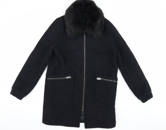 Topshop Women's Black Wool Overcoat - Size 12
