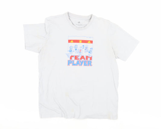 Additional front view of Adidas Men's White Graphic T-Shirt, size M, Sporty Style