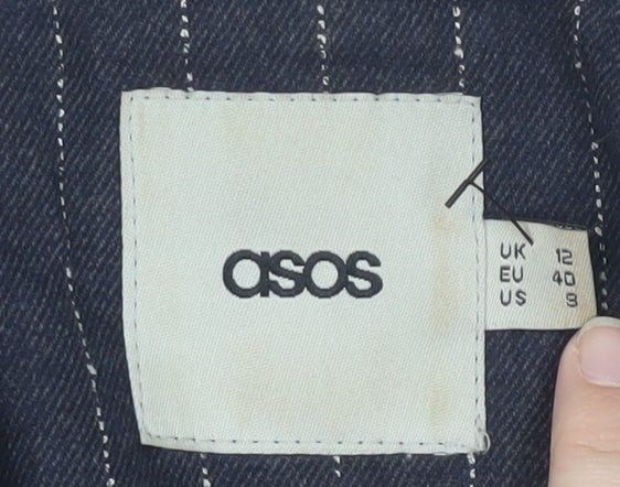 Brand and care label for ASOS Women's Black Pinstripe Blazer, size 12