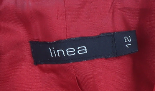 Brand and care label for Linea Women's Red Mid-Length Coat, size 12