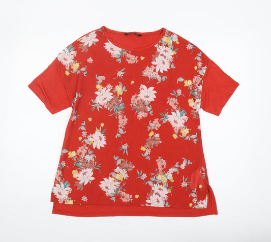 Stradivarius Women's Red Floral T-Shirt, Size S, Viscose