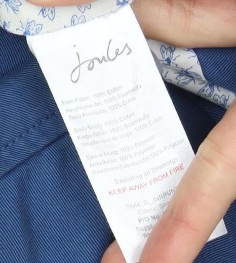Brand and care label for Joules boys’ blue cotton blazer, 11-12 years, regular fit