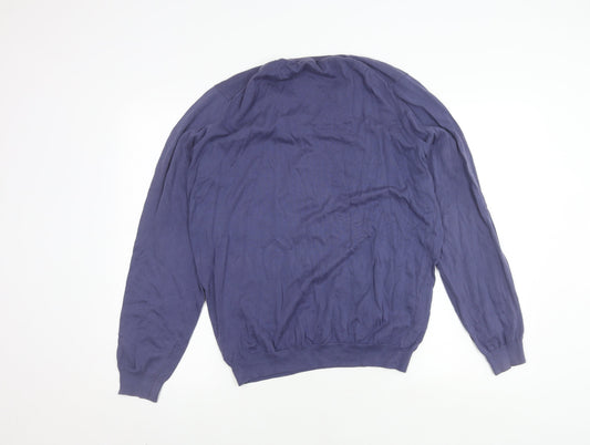 Massimo Dutti Men's Blue V-Neck Cotton Pullover Size L