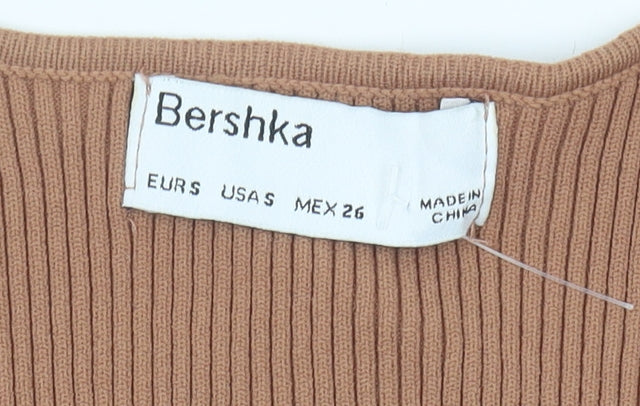 Bershka Women's Brown Cropped V-Neck Top - Size 2