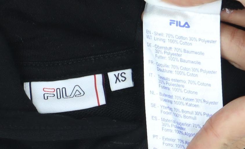 Close-up detail of Fila unisex black pullover hoodie -, size S, - logo accents