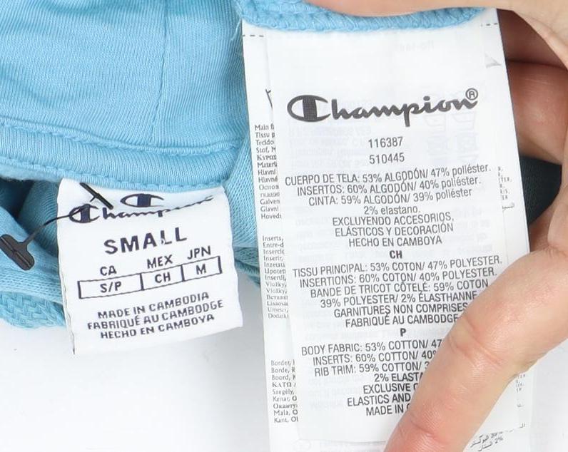 Close-up detail of Champion Blue unisex hoodie small pullover