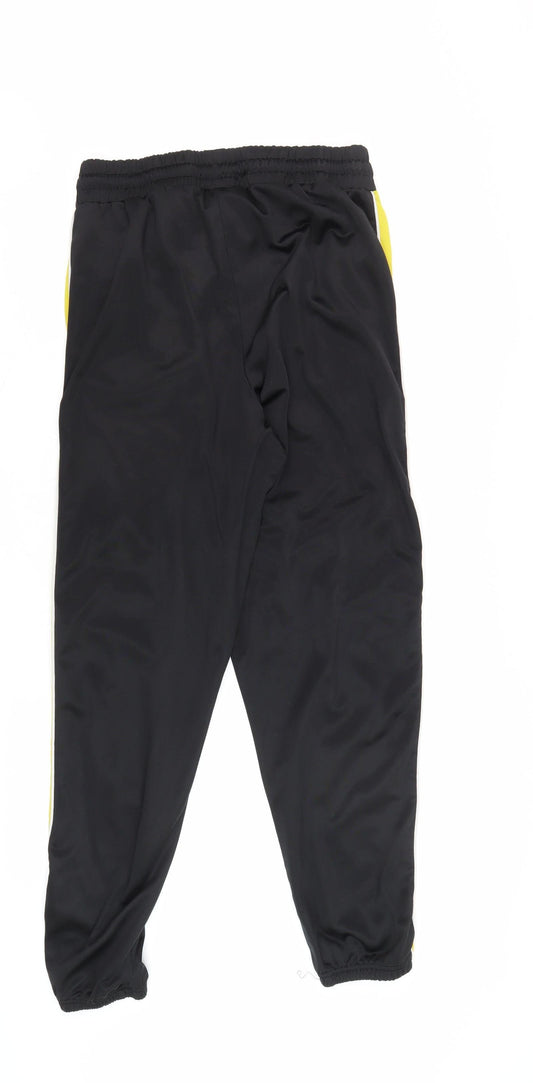 Men's Black Track Pants with Yellow Stripe, Size L