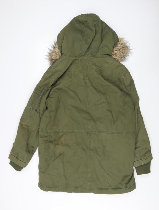Cotton On Women's Green Fur Trim Parka Coat Size 12