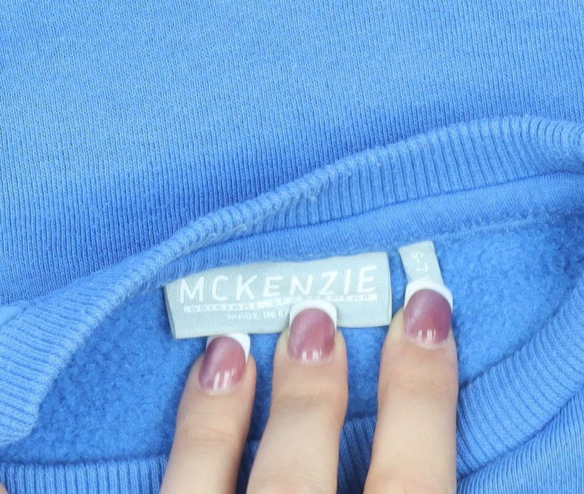 Close-up detail of McKenzie boys’ blue pullover sweatshirt, age 8-9 years, casual