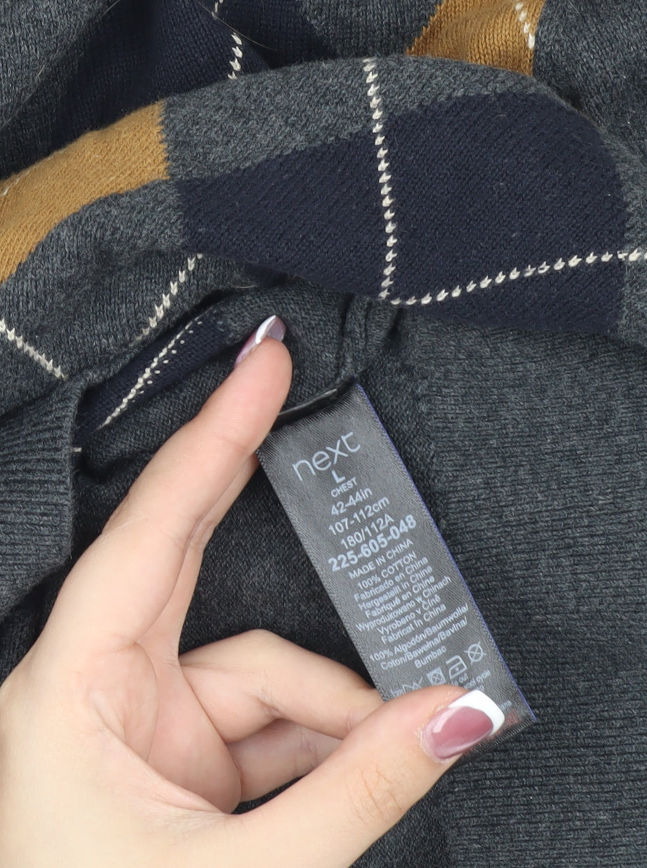 Next Men's Grey Argyle Pullover Jumper, L, Cotton V-Neck