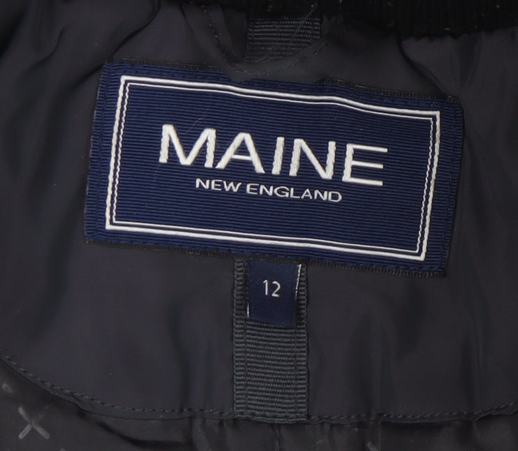 Brand and care label for Maine New England Women's Blue Parka Coat, size 12
