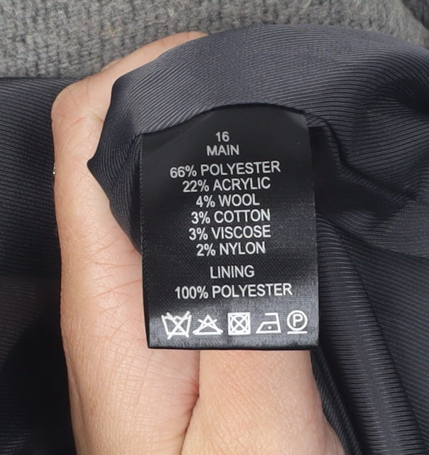 Brand and care label for Linea Women's Grey Overcoat, size 16, Classic Style