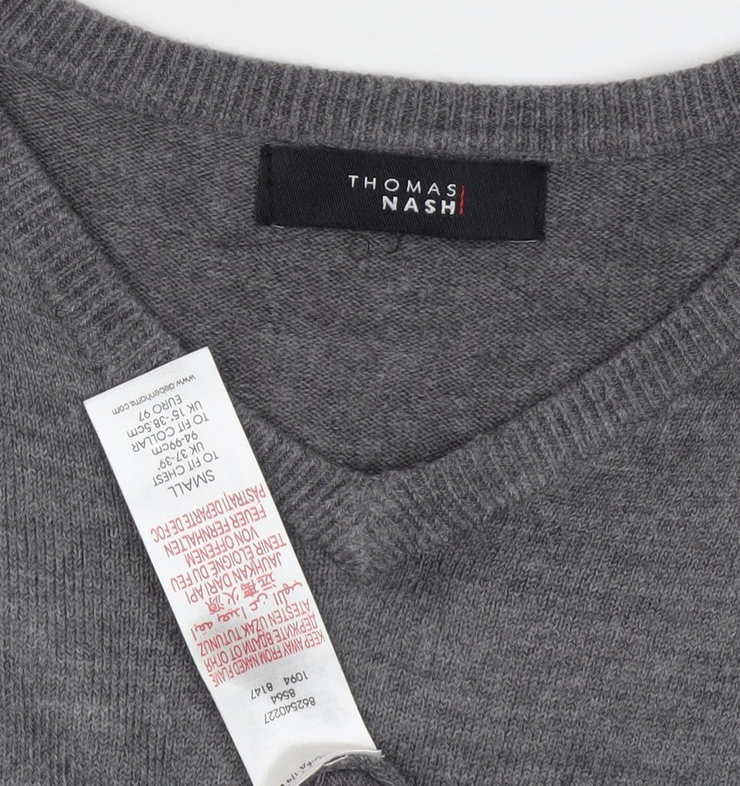 Thomas Nash Men's Grey Wool V-Neck Pullover Jumper S